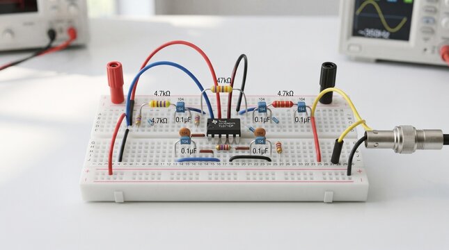 Electronic circuit board with components and wiring on a white breadboard, showcasing a learning and experimental setup