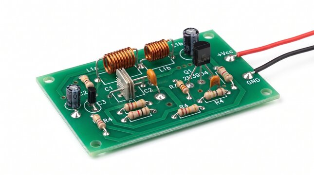 Assembled electronic printed circuit board with transistors and resistors on white background