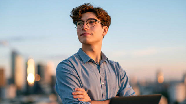 Young man with glasses looking confident with laptop in urban setting