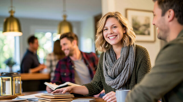 Young woman smiling while enjoying coffee with friends in cozy cafe setting