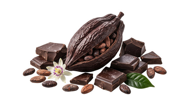 Raw cocoa pod with chocolate pieces and beans, dark chocolate chunks and cacao fruit, organic chocolate ingredients on white background
