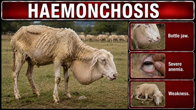 Educational poster showing symptoms of haemonchosis in a sheep with bottle jaw with pale mucous membranes indicating anemia composite