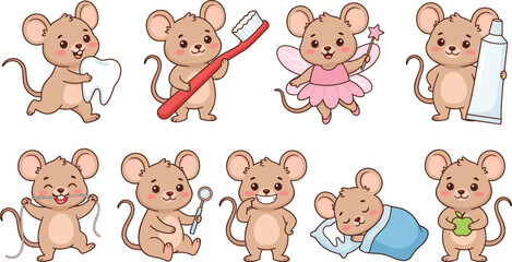 Obraz premium Cute Mouse Tooth Fairy and Dental Care Vector Set Featuring Cartoon Mice Characters with Toothbrush Toothpaste Dental Floss and Healthy Apple Elements