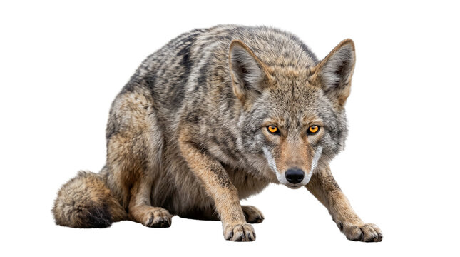 Alert coyote with intense glowing yellow eyes crouching on the ground against a white background