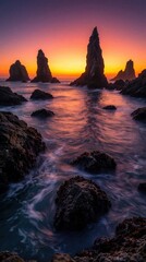 Obraz premium Jagged rocks stand in ocean water with vibrant sunset sky colors reflecting on waves. Coastal landscape shows dramatic twilight hour over sea horizon, creating peaceful mood.