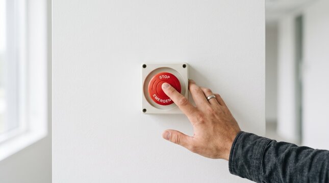 Close up of hand pressing red emergency stop button on white wall panel, safety mechanism activation in industrial factory setting, crisis management and urgent action concept.