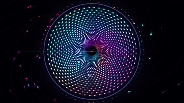 Abstract glowing circular pattern in dark space with subtle particles during a slow rotation