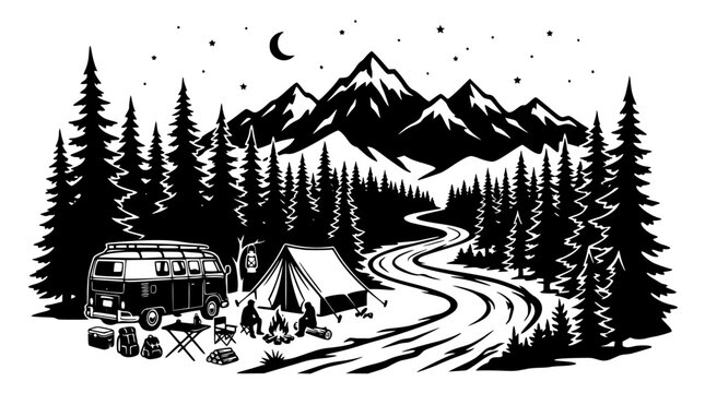 Camping scene with rv and tent in a mountain forest at night