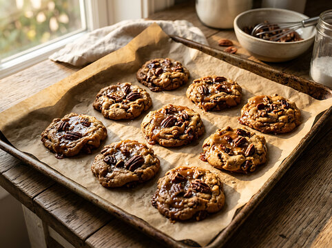 Freshly baked chocolate chip pecan cookies cooling on a parchment lined baking sheet.