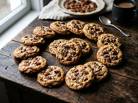 Freshly baked homemade pecan chocolate chip cookies arranged on a rustic wooden table.