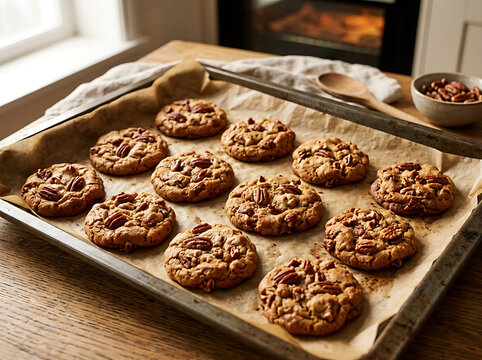 Freshly baked homemade pecan nut cookies cooling on a metal baking sheet in a kitchen.