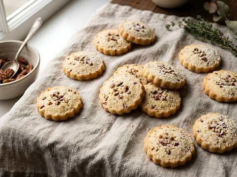 Freshly baked homemade shortbread cookies with pecans on a rustic linen cloth.