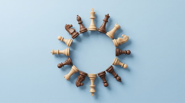 Wooden chess pieces arranged in a circle on blue background, symbolizing strategy, planning, teamwork, leadership, and business competition concepts for corporate use
