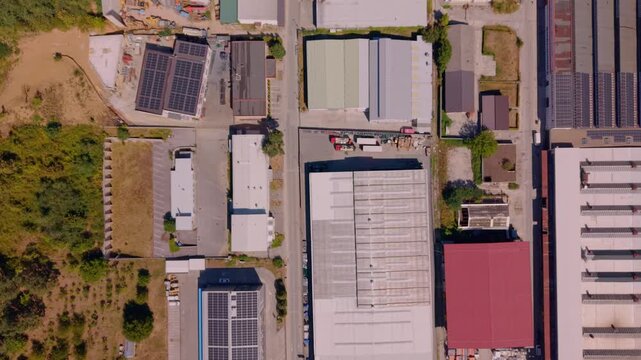 Aerial Top Down Drone View of Industrial Zone Warehouses and Commercial Buildings in Vogosca