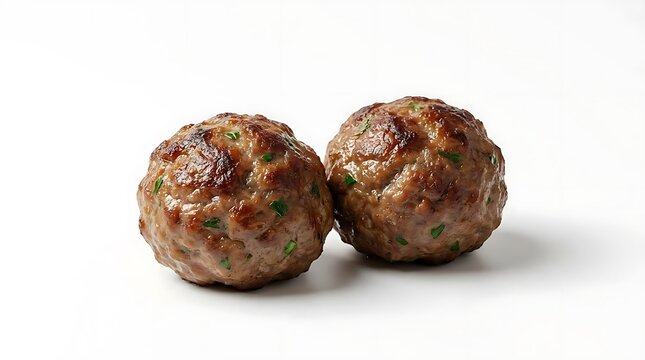 Two delicious roasted meatballs isolated on a clean white background, showcasing a close-up culinary shot of savory seasoned ground meat for cooking.