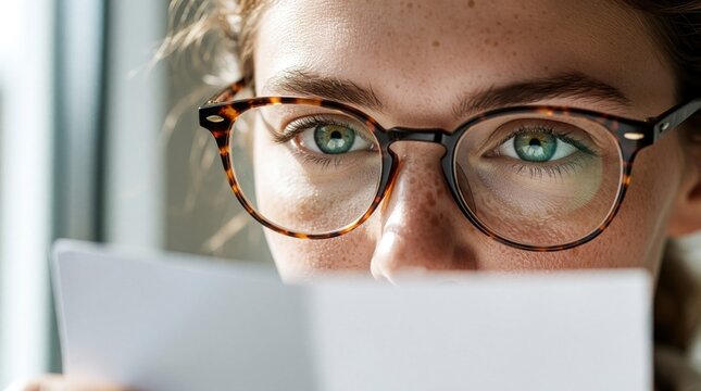 Young woman wearing glasses examines paper closely. Focus on her eye, showing detail in eyewear and skin. Shallow depth of field effect creates blur.