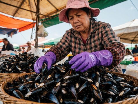 Asian woman seller sorts fresh mussels in large wicker basket at outdoor seafood market. Female vendor wears purple gloves, pink hat preparing shellfish for customers. Local merchant works at street