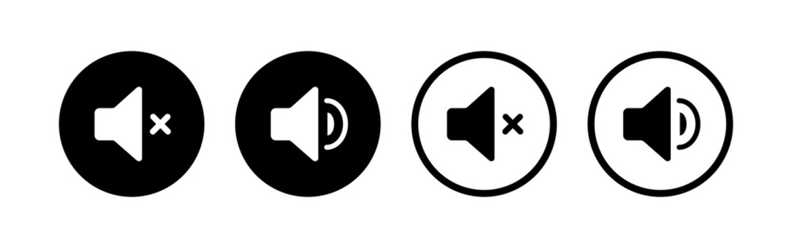 Silent and ring speaker icon set with simple and stroke style in black and white color vector illustration. Speaker icon set. volume icon vector. loudspeaker icon vector. Mute and unmute volume sound.