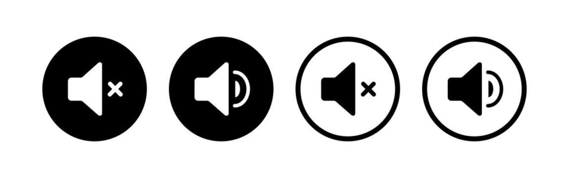 Silent and ring speaker icon set with simple and stroke style in black and white color vector illustration. Speaker icon set. volume icon vector. loudspeaker icon vector. Mute and unmute volume sound.