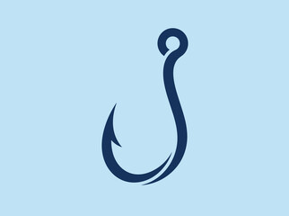Fototapeta premium Abstract minimalist fishing hook vector illustration with a sharp barb and curved shank, isolated on a light blue background for nautical and angling design concepts.