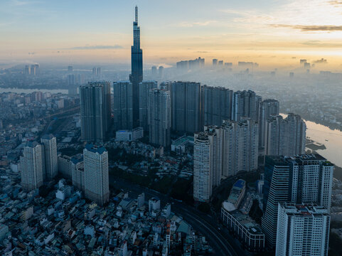 Aerial view of Landmark 81 and Vinhomes Central Park along the Saigon River, Ho Chi Minh City, Vietnam, on September 29, 2025.