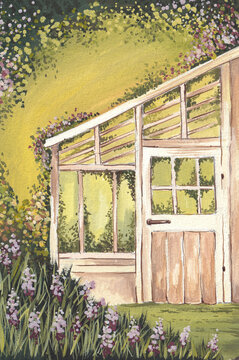 Watercolor illustration of rustic greenhouse surrounded by flowers