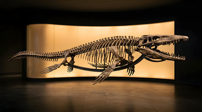 Large marine reptile skeleton with long jaws and flippers displayed in museum with warm backlit wall for prehistoric ocean science education