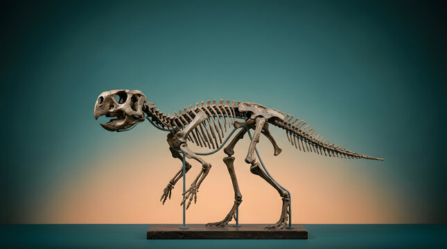 Small dinosaur skeleton, fossil mounted on museum display stand, prehistoric paleontology and science concept with teal and warm orange background