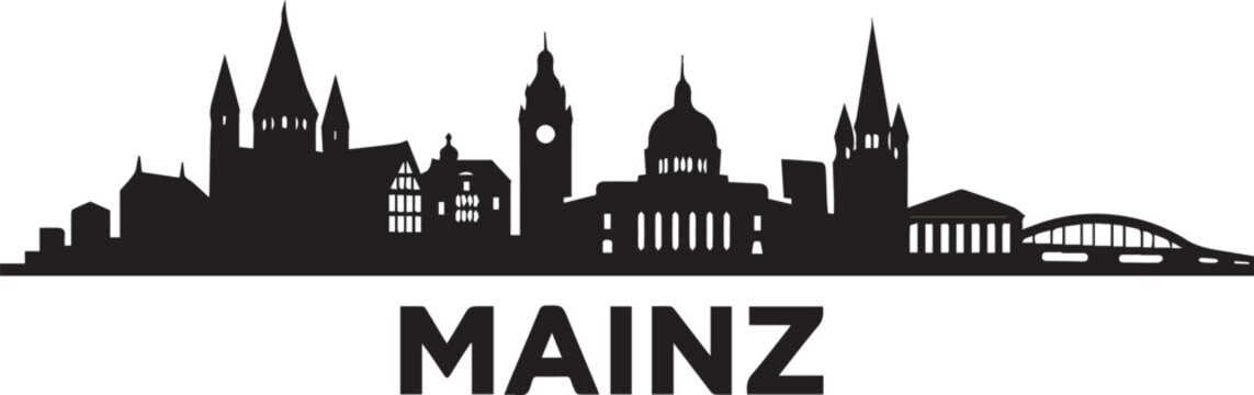 Minimalist black silhouette of the mainz city skyline featuring famous landmarks and buildings on white background