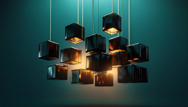 3d render of black cubes suspended against a dark teal background illuminated by golden light