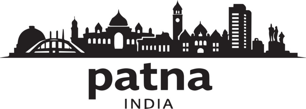 Minimalist black silhouette of the patna city skyline featuring iconic landmarks and architecture on a white background