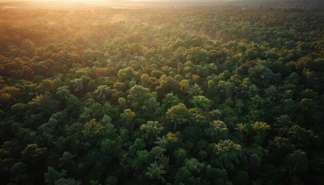 Overhead view green forest bathed in warm sunlight for nature scenes.