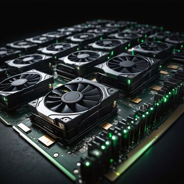A dense cluster of graphics processing cards, future technology gpu technology, dark premium
