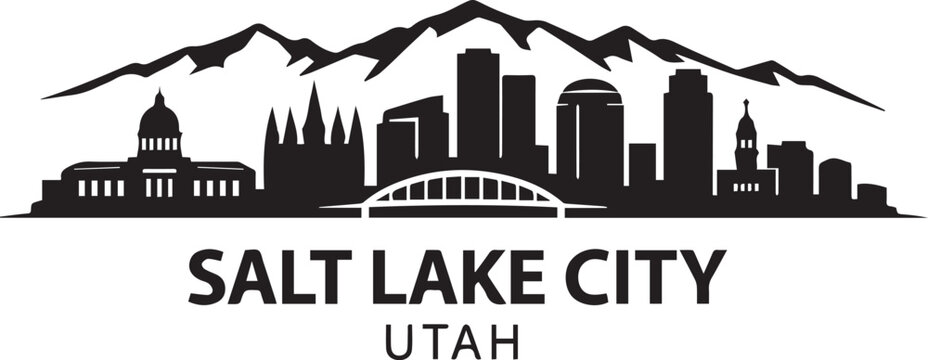 Minimalist black and white skyline silhouette of salt lake city utah with mountains in the background