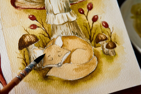 Pencil and watercolor process of drawing a sleeping fox