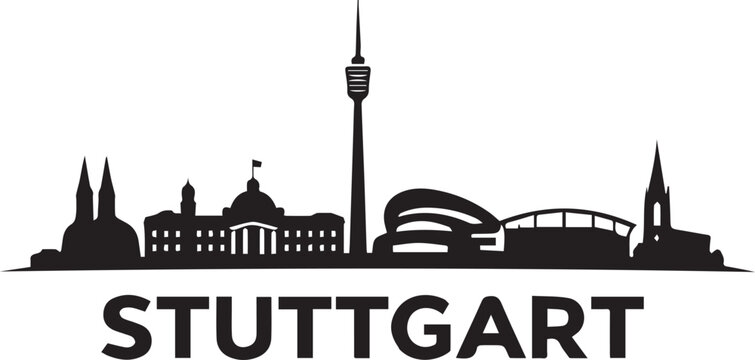 Minimalist black silhouette of the stuttgart city skyline featuring iconic landmarks and the city name in bold text