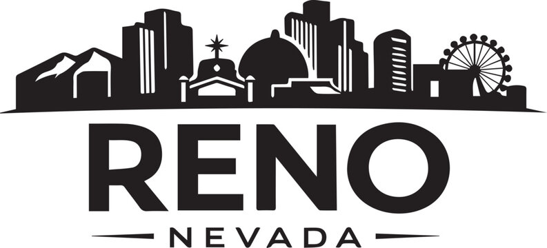Black and white silhouette skyline illustration of reno nevada featuring city buildings and a ferris wheel