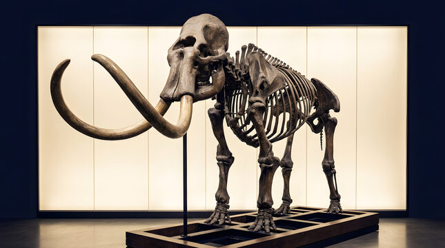 Woolly mammoth skeleton, fossil with giant curved tusks mounted in museum display, Ice Age paleontology and natural history science concept