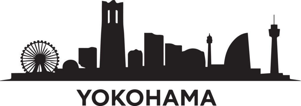 Minimalist black silhouette of the yokohama city skyline featuring iconic buildings and landmarks on a white background