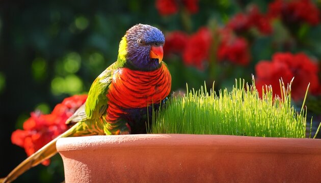 a rainbow lorikeet sitting on a terracotta pot with green grass and red flowers