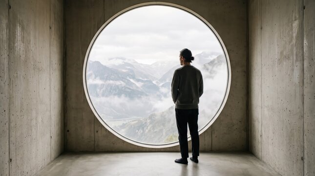 Man standing in concrete room looking out large circular window at misty mountain landscape, contemplative silhouette facing nature view, minimalist architecture interior design concept.