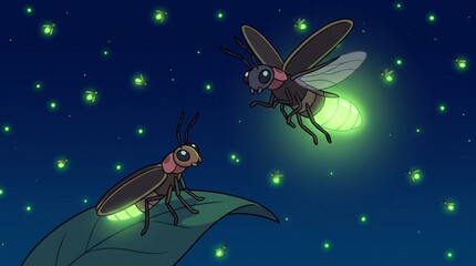 Naklejka premium Animated fireflies glowing in the night sky with one insect perched on a green leaf