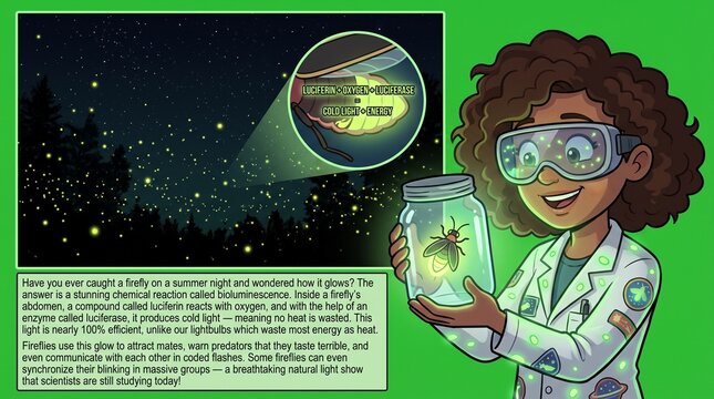 Scientist studying bioluminescent firefly in a jar with educational infographic illustration