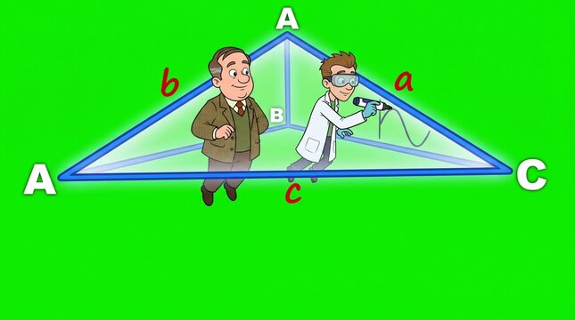 Teacher and scientist working with a geometric triangle diagram on green background