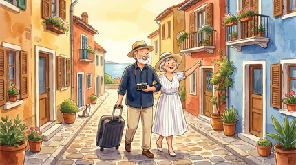 Fototapeta premium Senior couple walking with luggage through a European village street
