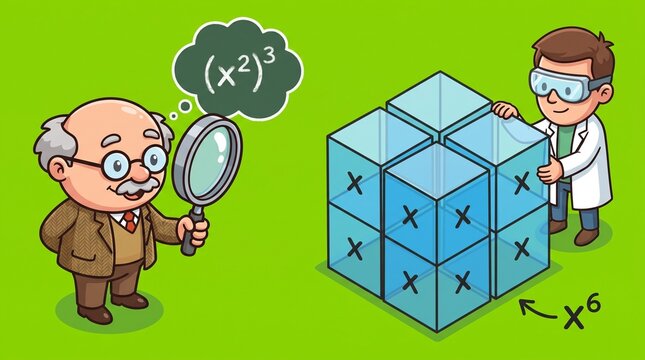 Cartoon teacher and scientist solving math equations with cubes and magnifying glass