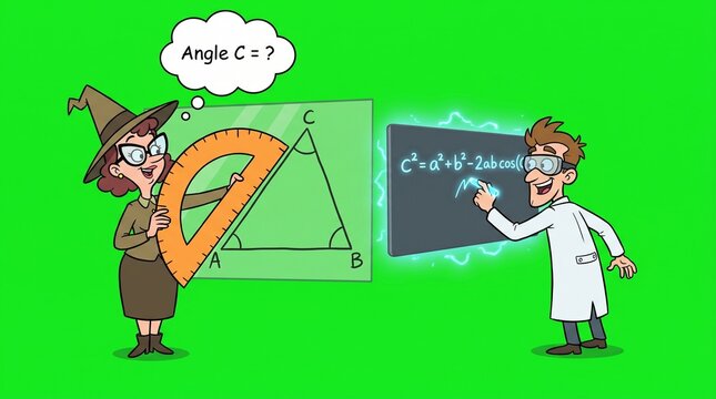 Cartoon teacher and scientist solving geometry math problems on a green screen background