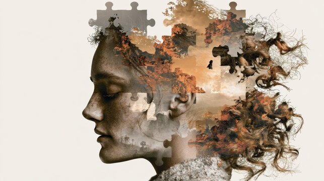 A profile made of puzzle pieces shows a landscape while assembling elements of self, capturing the essence of identity through nature.