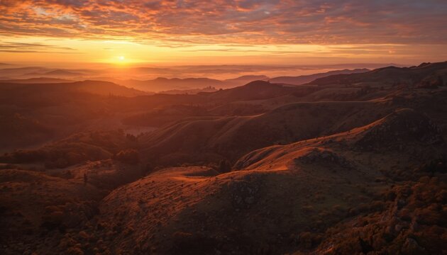 Cloudy sunset sky over rolling mountain valley peaks for epic travel or nature wallpaper.