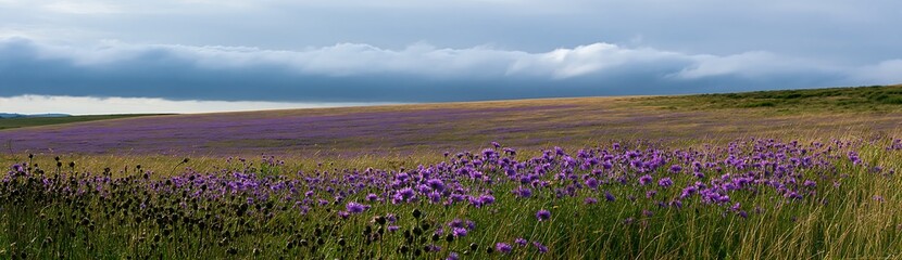 Fototapeta premium Violet knapweed meadow under cloudy sky near horizon